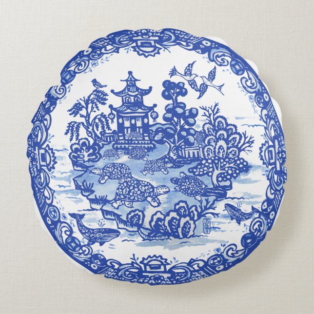Blauw Wilg eiland Turtles Whimsical Garden Rond Kussen (Voorkant)