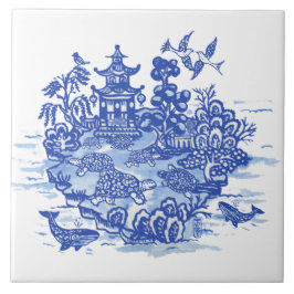 Blauw Wilg eiland Turtles Whimsical Garden Tegeltje