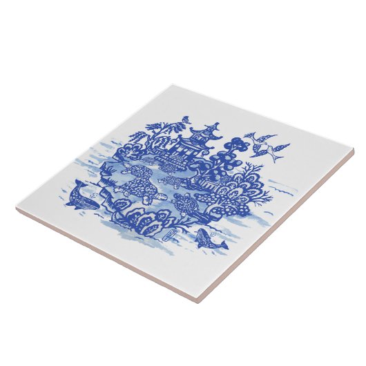 Blauw Wilg eiland Turtles Whimsical Garden Tegeltje (Zijkant)