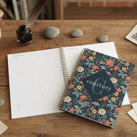 Blauw William Morris Bloem Motief Elegant Monogram Planner