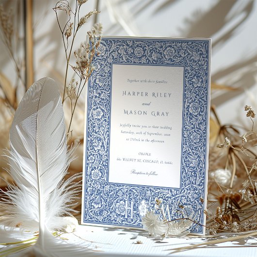  Blauw William Morris Stijl Bruiloft Kaart