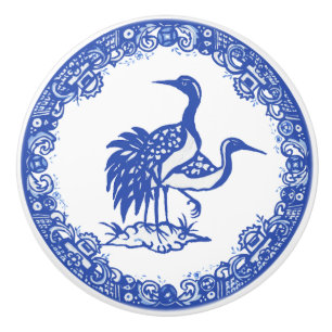 Blauw Willow Design Floral Crane Paar Facing Right Keramische Knop