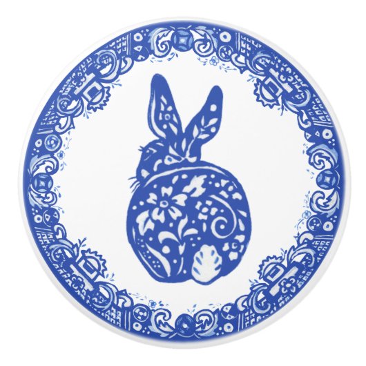 Blauw Willow Design Rabbit Bunny Cute Facs left Keramische Knop (Voorkant)