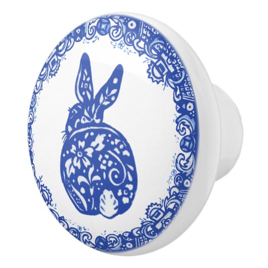 Blauw Willow Design Rabbit Bunny Cute Facs left Keramische Knop (Rechts)