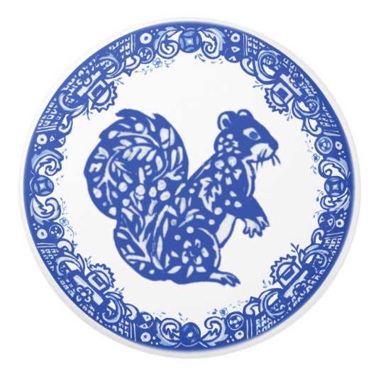 Blauw Willow Design Squirrel Whimsical Facts right Keramische Knop (Voorkant)