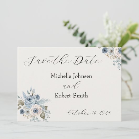 Blauw Winter Bloemen Flat Save The Date Kaart (Staand voorkant)
