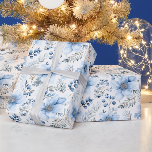 Blauw Winter Bloemmotief Cadeaupapier (Feestdagen)