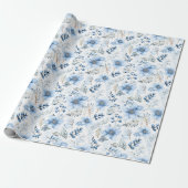 Blauw Winter Bloemmotief Cadeaupapier (Uitgerold)
