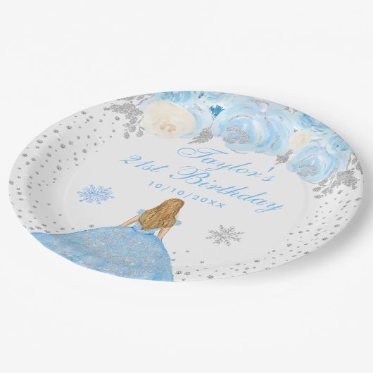 Blauw Winter Blond Haar Prinses Verjaardagsfeest Papieren Bordje (Gekanteld)