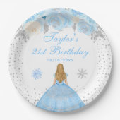 Blauw Winter Blond Haar Prinses Verjaardagsfeest Papieren Bordje (Voorkant)