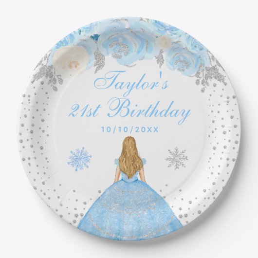 Blauw Winter Blond Haar Prinses Verjaardagsfeest Papieren Bordje (Voorkant)