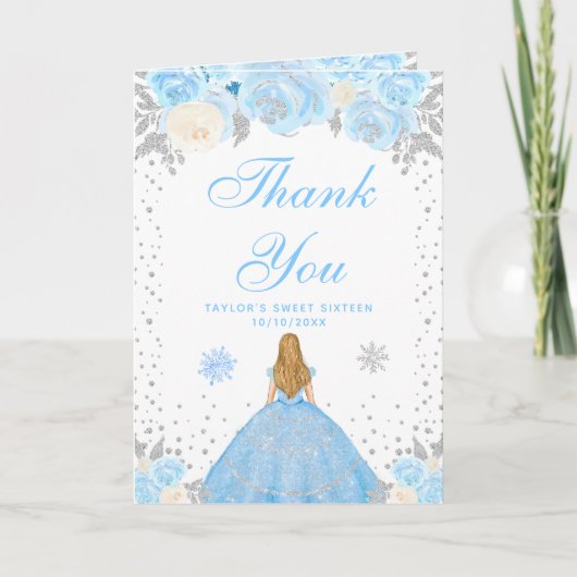 Blauw Winter Blond Haar Prinses Zoet Zestien Bedankkaart (Voorkant)