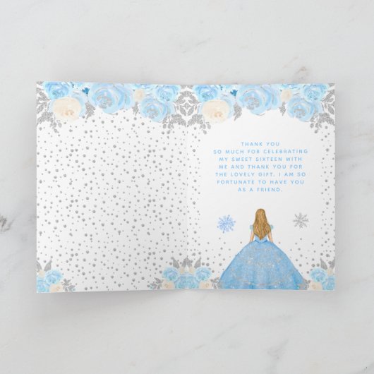 Blauw Winter Blond Haar Prinses Zoet Zestien Bedankkaart (Binnen)