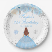 Blauw Winter Bruin Haar Prinses Verjaardagsfeest Papieren Bordje (Voorkant)