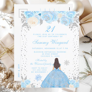 Blauw Winter Bruine Haar Prinses Verjaardagsfeest Briefkaart