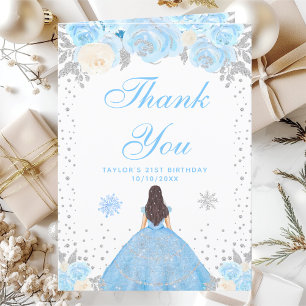 Blauw Winter Bruine Haar Prinses Verjaardagsfeestj Bedankkaart