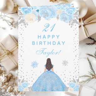 Blauw Winter Bruine Haar Prinses Verjaardagsfeestj Kaart