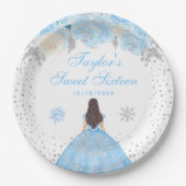 Blauw Winter Brunette Haar Prinses Zoet Zestien Papieren Bordje (Voorkant)