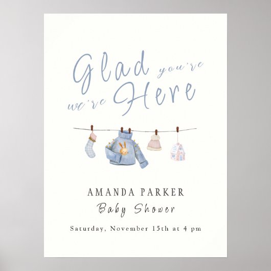 Blauw Winter Clothesline Baby shower Welkomstbord Poster (Voorkant)