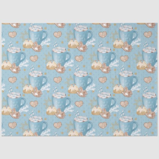 Blauw Winter Cocoa & Gemberkoek Patroon Tissuepapier (Voorkant)