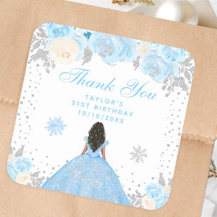 Blauw Winter Donkere Huid Prinses Verjaardagsfeest Vierkante Sticker