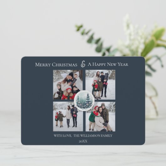 Blauw Winter Forest Bloemen Fotocollage Feestdagenkaart (Staand voorkant)