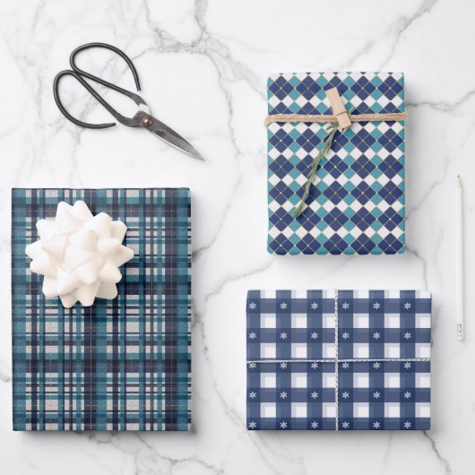 Blauw winter geruit assortiment inpakpapier vel (Voorkant)