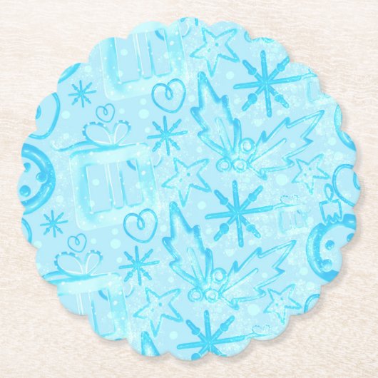 Blauw Winter Geschenk & Hulst, Kerstfeest Set Kartonnen Onderzetters (Voorkant)