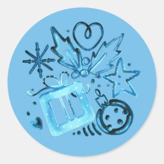 Blauw Winter Geschenk & Hulst, Sneeuwvlokken & Ker Ronde Sticker