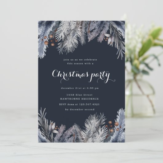 Blauw Winter Groen Kerstfeest Uitnodiging (Staand voorkant)