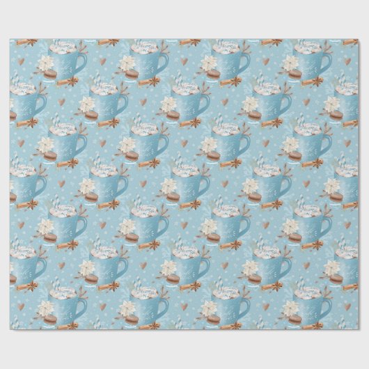 Blauw winter hete chocolade en macaron patroon cadeaupapier (Vlak)