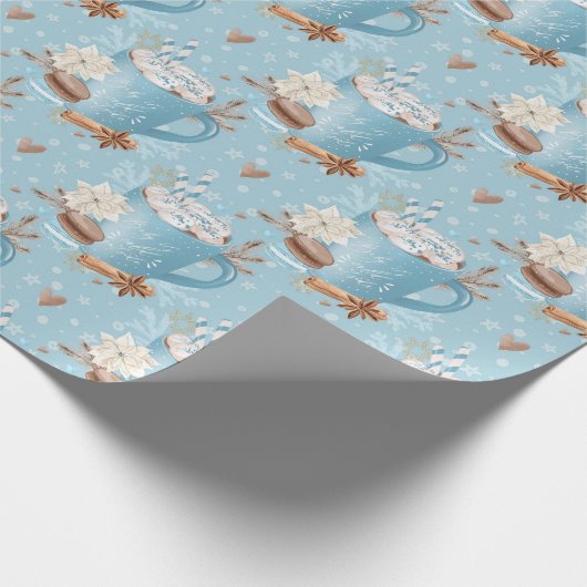 Blauw winter hete chocolade en macaron patroon cadeaupapier (Hoek)
