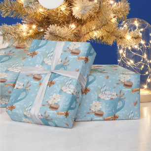 Blauw Winter Hete Chocolade & Macaron Patroon Cadeaupapier