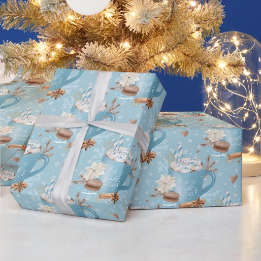 Blauw Winter Hete Chocolade & Macaron Patroon Cadeaupapier (Feestdagen)