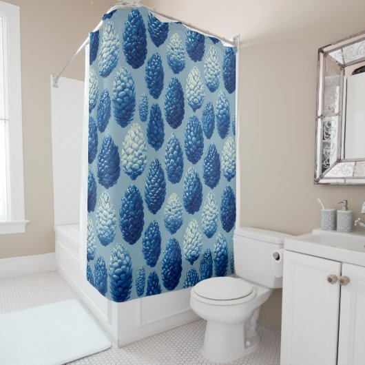 Blauw Winter Pine Cone Patroon Douchegordijn (In situ)