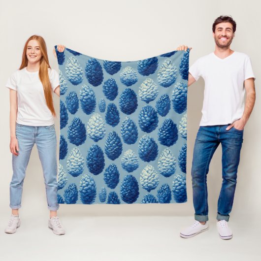 Blauw Winter Pine Cone Patroon Fleece Deken (In situ)