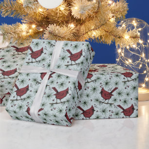 Blauw Winter Rode Kardinalen Patroon Cadeaupapier
