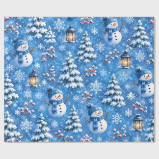 Blauw Winter Sneeuwman Kerstmis Sneeuwvlok Inpakpa Cadeaupapier
