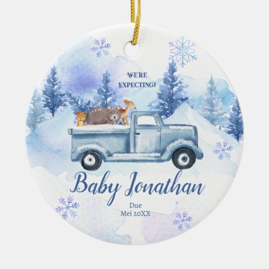 Blauw Winter Vrachtwagen Dier We verwachten ouders Keramisch Ornament (Voorkant)