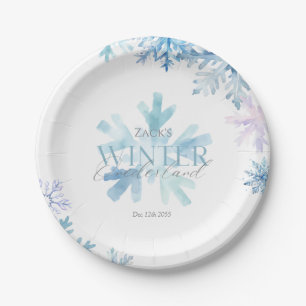 Blauw Winter Wonderland Sneeuwvlok Eerste Verjaard Papieren Bordje