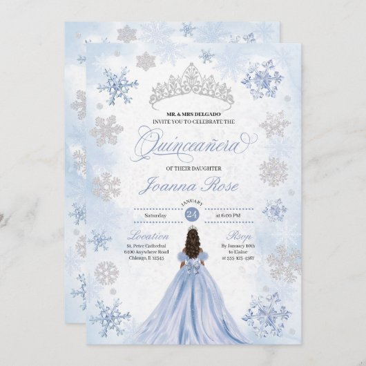 Blauw Winter Wonderland Sneeuwvlok Quinceanera Kaart (Voorkant / Achterkant)