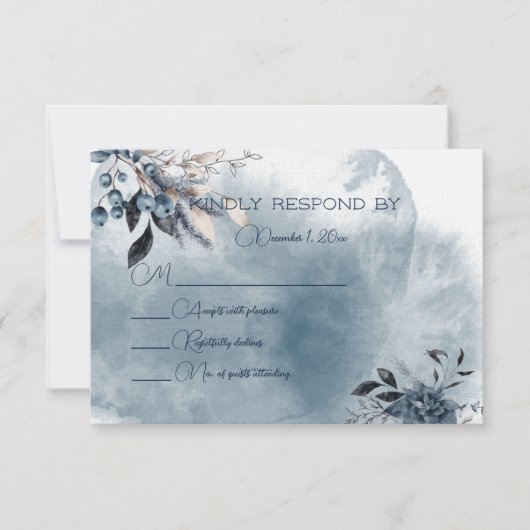 Blauw Winterberries Bruiloft Reactie Kaart (Voorkant)