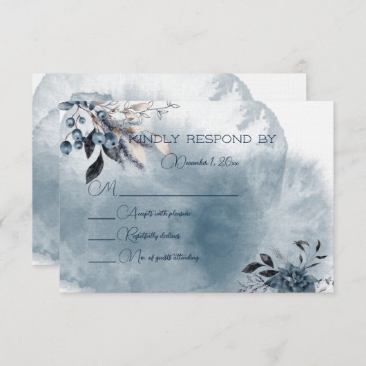 Blauw Winterberries Bruiloft Reactie Kaart (Voorkant / Achterkant)
