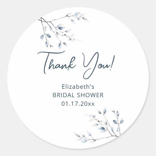 Blauw winterbloemmotief bedanken ronde sticker (Voorkant)