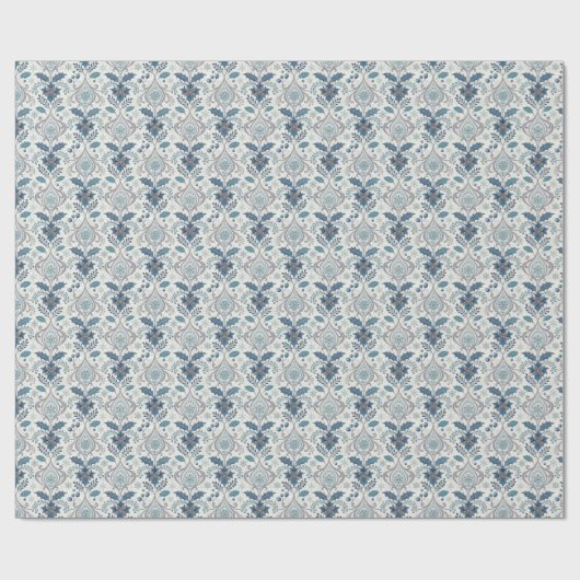Blauw Winterdamast Inpakpapier (Vlak)
