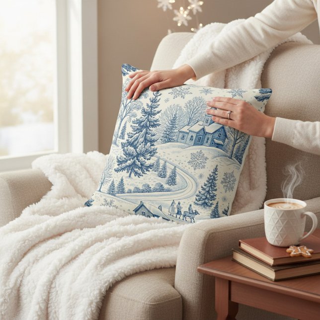 Blauw winterdorp kerst sneeuwvlok  kussen (Creator heeft geüpload)