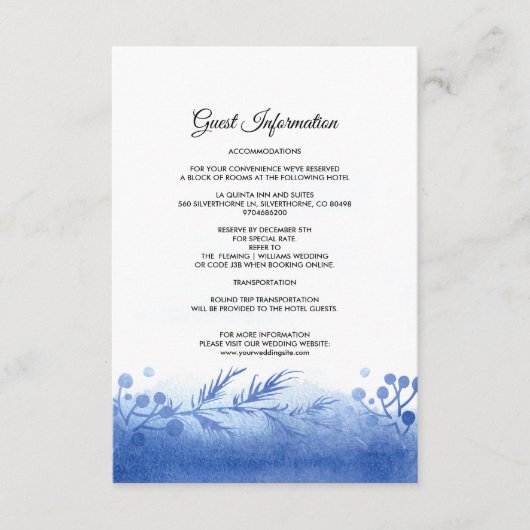 Blauw winterlandschap bruiloft details Kaart (Voorkant)