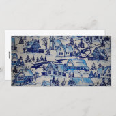 Blauw winterlandschap kerstdorp vintage feestdagenkaart (Voorkant / Achterkant)