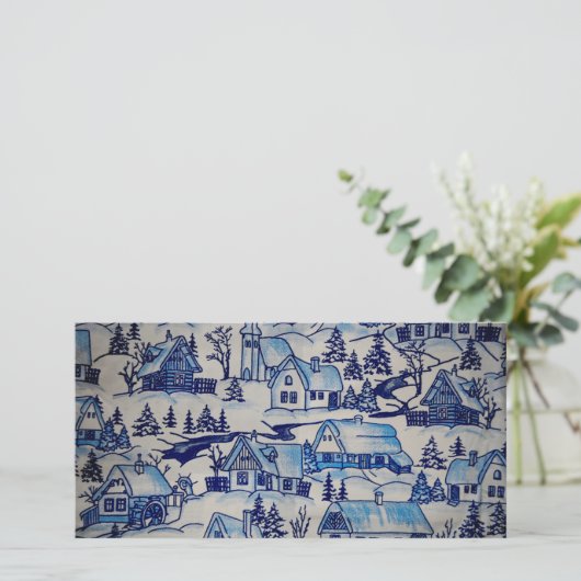 Blauw winterlandschap kerstdorp vintage feestdagenkaart (Staand voorkant)