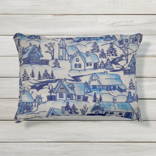 Blauw winters dorpje voor kerst en vakantie in vin buitenkussen